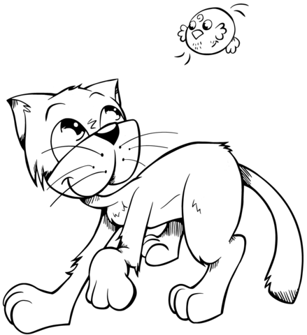 Cat And Little Bird Coloring Page